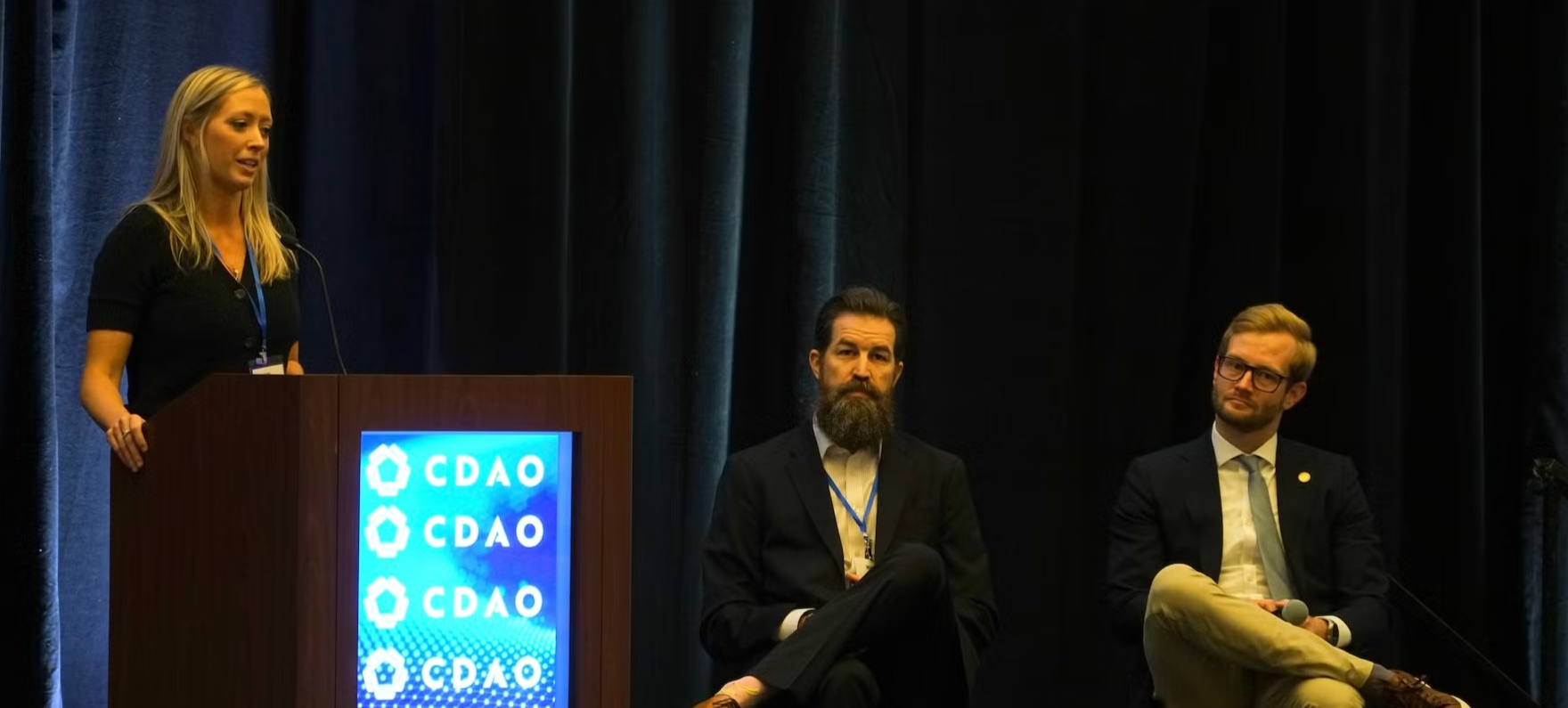 CDAO speakers presenting a talk (Mitchell Fielder, Kate Sieve, & Cody Ferguson)